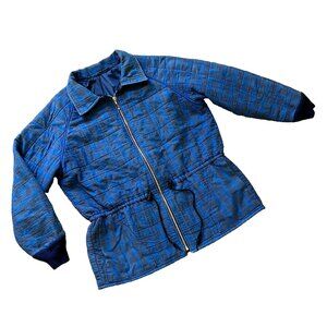 Vintage Blue Plaid Quilted Chore Coat Jacket with Drawstring Waist & Pockets